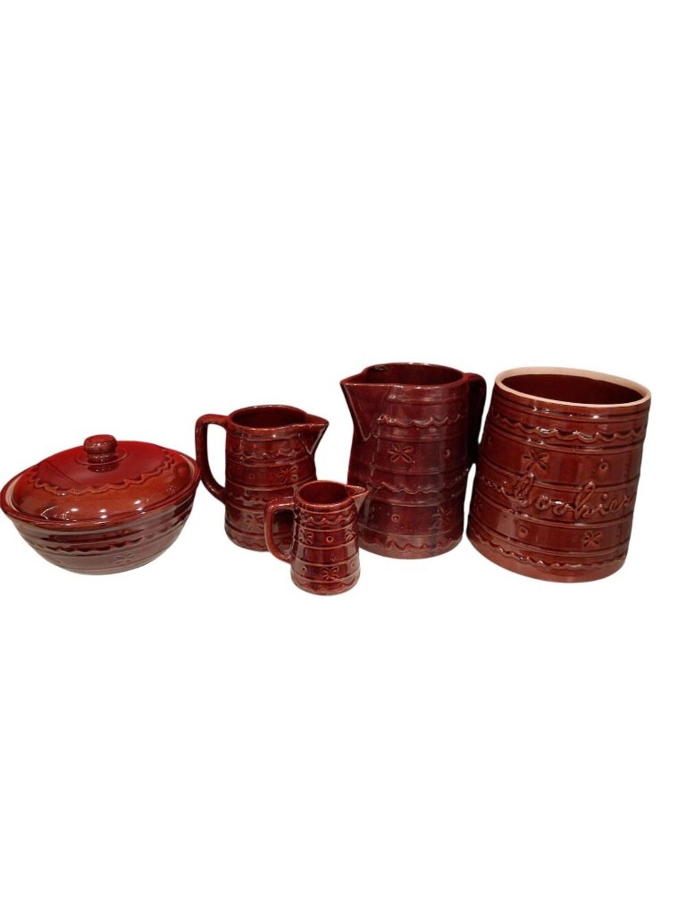 Vintage Rumrill Pottery 5 Pc Burgundy Kitchen Set Cookies Canister Pitchers Cass